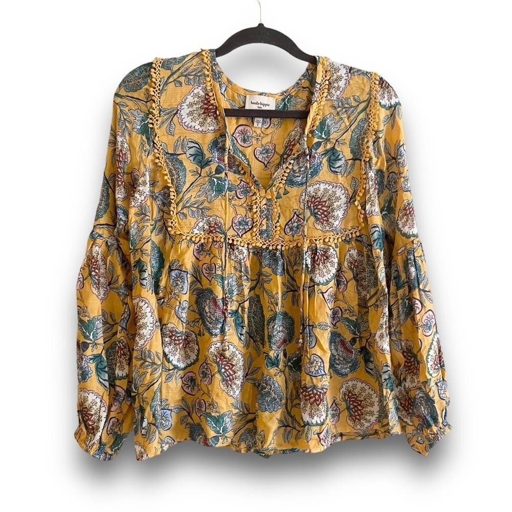 HAUTE HIPPIE Yellow Floral Boho Long Sleeved Babydoll Blouse Top Women's Small